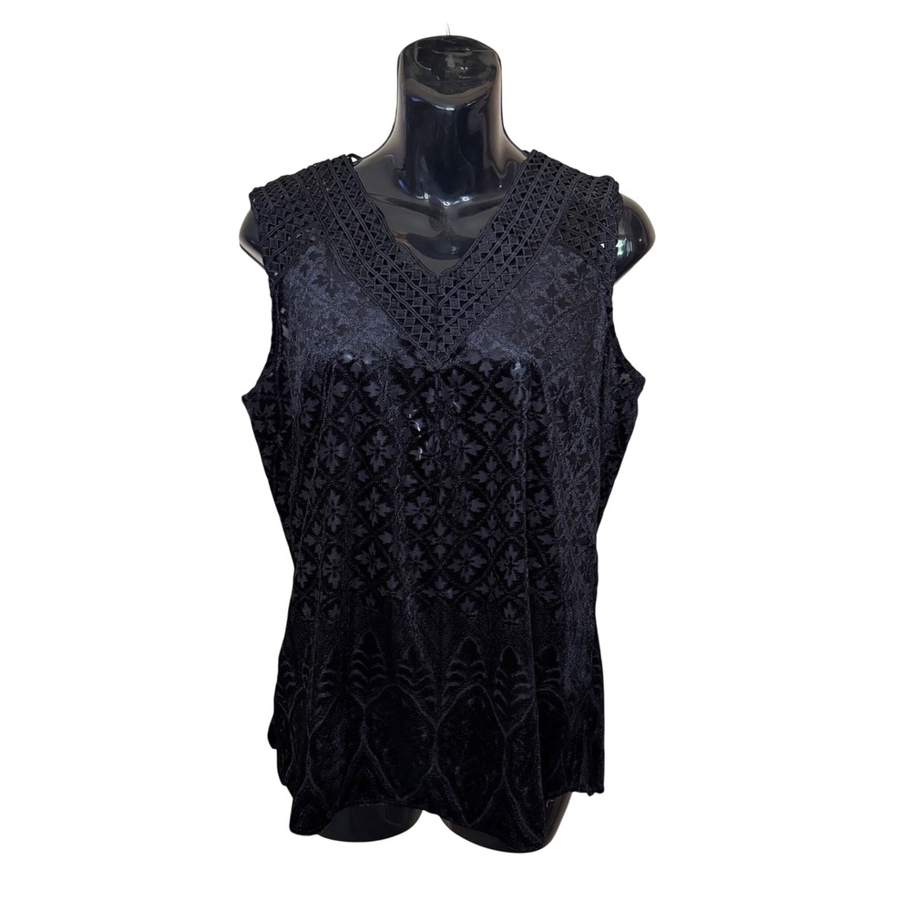 Valerie Stevens Black Velvet Burnout Floral Lace Trim Sleeveless Top Small